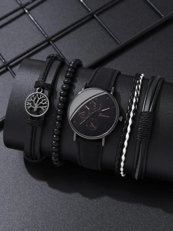 5pcs set Men's Simple Fashion Vintage PU Leather Strap Round Dial Analog Quartz Watch, and Tree of Life Charm Leather Braided Bracelet Beaded Bracelet Accessories Set, without Box