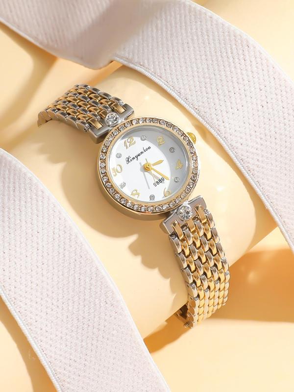 Women's Elegant Rhinestone Decorated Quartz Watch, Fashionable Round Dial Watch for Women & Girls, Trendy All-match & Exquisite Watch for Birthday Gift