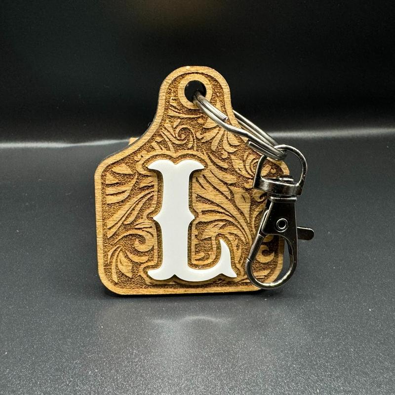 Cow tag Initial Wood and Acrylic Keychains!