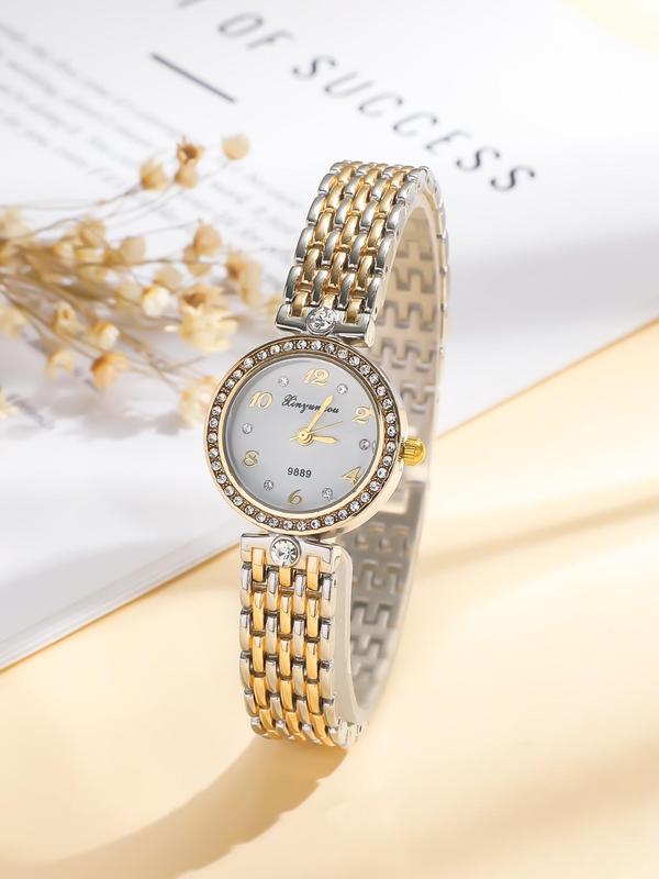 Women's Elegant Rhinestone Decorated Quartz Watch, Fashionable Round Dial Watch for Women & Girls, Trendy All-match & Exquisite Watch for Birthday Gift