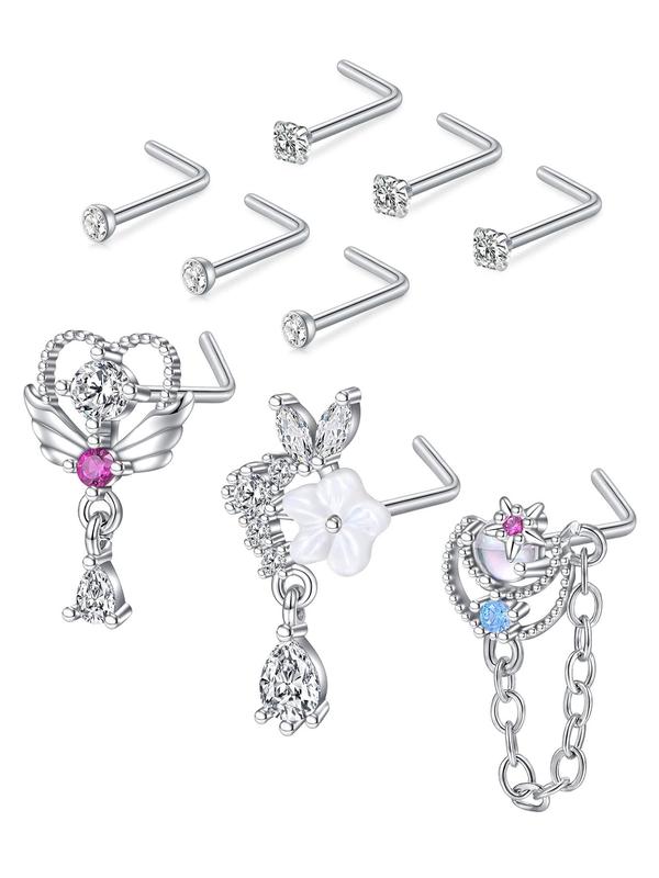 Women's Cute Rhinestone Decor Nose Studs, 9pcs set Wing & Heart Design Nose Piercing Jewelry, Fashionable Body Jewelry for Women & Girls As Birthday Gift