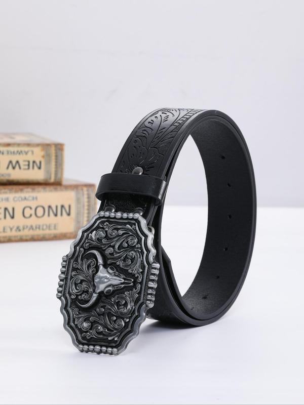 Vintage Western Style Cowboy Belt, Fashion Cow Head Design PU Buckle Belt for Women & Men, Casual Waistband for Jeans Trousers