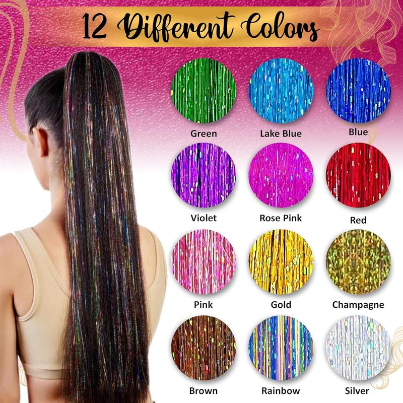 Heat Resistant Hair Tinsel Kit For Girls, Women & Kids, 48 Inch, 12 Dazzling Colors, 2880 Strands, One Wooden Threader & Crochet, One Plier, Two Hair Clips, Two Hundred Beads