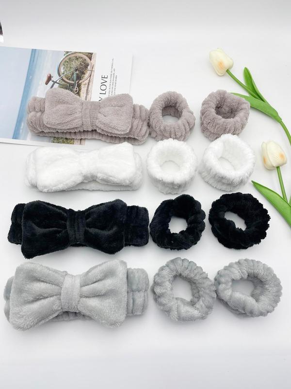 Cute Bow Decor Hair Band & Soft Plush Waist Band for Girls Hairstyles, Water Absorbent Skin Care Set for Women & Girls, Fashion Summer 2024 Hair Accessories for Daily Shower Wear Wash Face Makeup