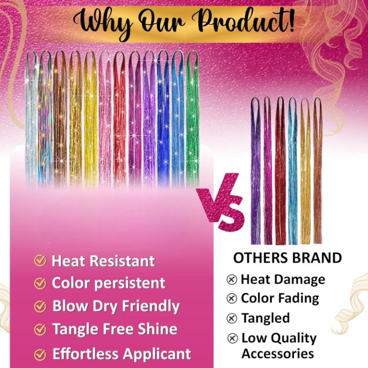 Heat Resistant Hair Tinsel Kit For Girls, Women & Kids, 48 Inch, 12 Dazzling Colors, 2880 Strands, One Wooden Threader & Crochet, One Plier, Two Hair Clips, Two Hundred Beads