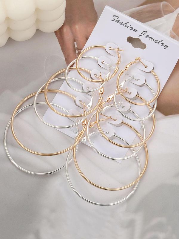 6 Pairs Mixed Size Simple Plain Round Design Hoop Earrings, Elegant All-match Jewelry for Girls Gift, Casual Versatile Party Accessories for Women