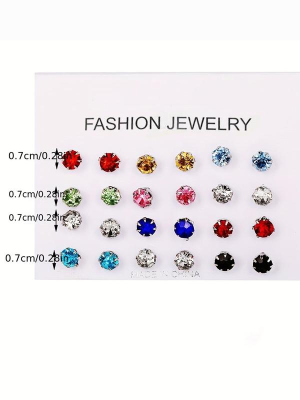 12 Pairs Women's Elegant Trendy Mixed Color Rhinestones Decorated Earrings, Simple Style Glittering Exquisite Ear Studs, Casual Earrings For Party & Daily