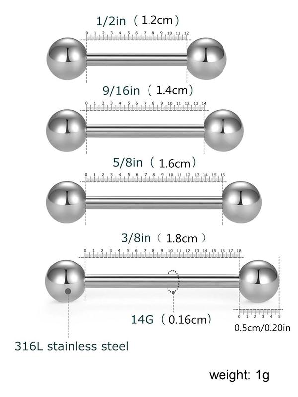 4 Pairs 12 14 16 18mm Multiple Size Simple Plain Stainless Steel Tongue Ring, Body Piercing Jewelry for Men & Women, Fashion Accessory