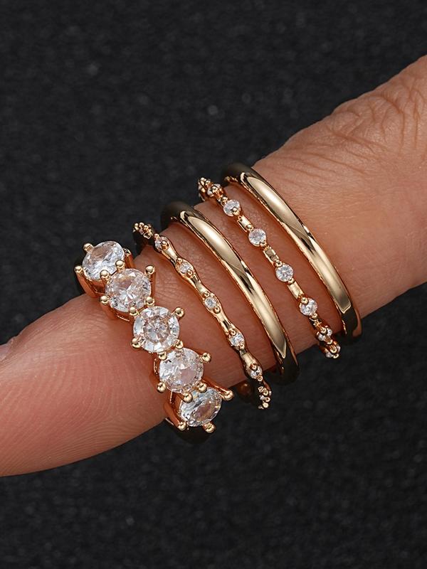 Women's Elegant Rhinestone Decorated Ring (5counts set), Exquisite Trendy Copper Ring, Fashionable Jewelry for Women for Daily & Party Decoration