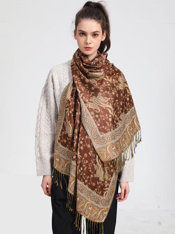 Women's Elegant Paisley Graphic Tassel Trim Design Scarf, Trendy Vintage Comfy Shawl, Casual Fashionable Soft Scarf for All Season