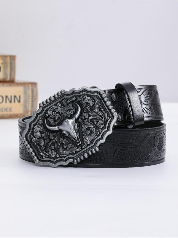 Vintage Western Style Cowboy Belt, Fashion Cow Head Design PU Buckle Belt for Women & Men, Casual Waistband for Jeans Trousers