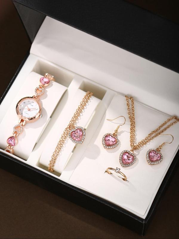 Elegant Rhinestone Decor Round Dial Watch & Heart Themed Dangle Earrings & Adjustable Pendant Necklace & Ring & Bracelet, Exquisite Watch Set without Box