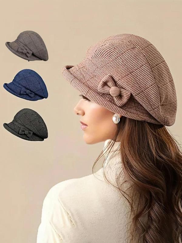 Women's Elegant Plaid Pattern Bow Decor Beret, Casual Trendy Hat for Fall & Winter, Fashion Accessories for Women & Girls