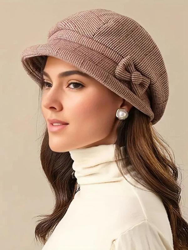 Women's Elegant Plaid Pattern Bow Decor Beret, Casual Trendy Hat for Fall & Winter, Fashion Accessories for Women & Girls