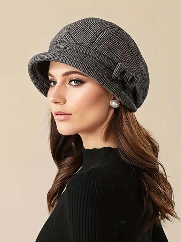 Women's Elegant Plaid Pattern Bow Decor Beret, Casual Trendy Hat for Fall & Winter, Fashion Accessories for Women & Girls