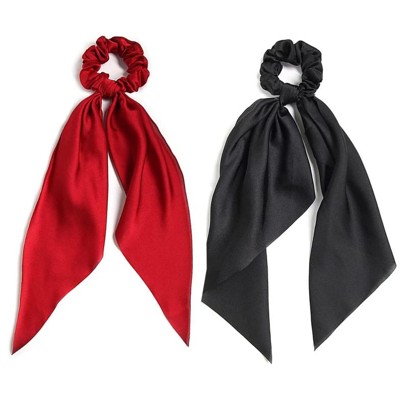 2 Pk Scrunchie Scarf Red Black Hairband Satin Ribbon Silk Elastic Hairband Bowknot Hairband Ponytail Holder Accessories for Women