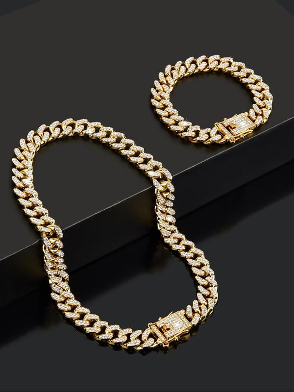 Rhinestone Decorated Chain Necklace Bracelet, 1 Count Street Trendy Cuban Link Chain Necklace, Fashion Jewelry Accessories for Men & Women As Gift