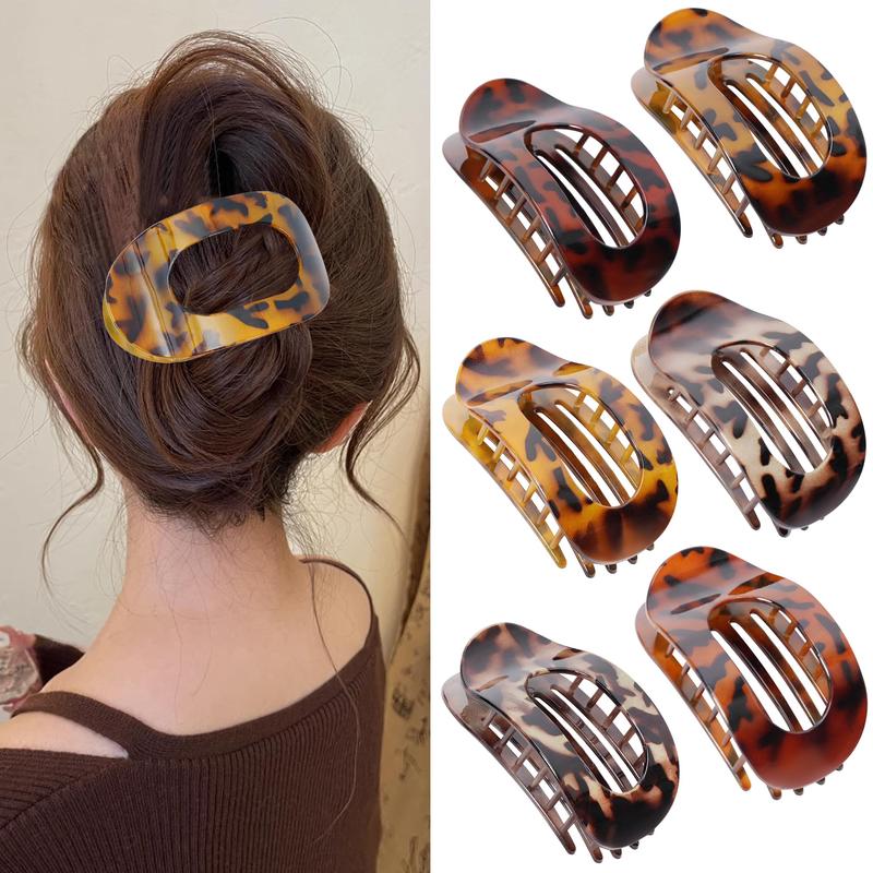 Flat Hair Clips for Women, 6 Pack Ergonomic Curved Hair Claw Clips for Thick Thin Curly Hair, Strong Hold No Slip Grip Hair Claw Clips for All Hair Textures, Leopard Print