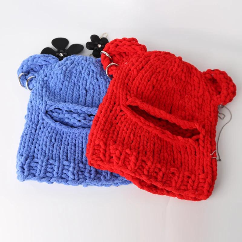 2024 Novelty Bear Ear Balaclava Beanies Chain Outdoor Ski  Winter Hat for Women Ear Protection Knitted Hat