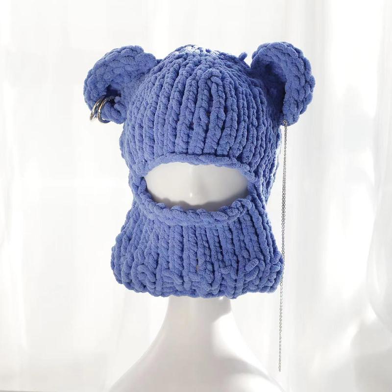 2024 Novelty Bear Ear Balaclava Beanies Chain Outdoor Ski  Winter Hat for Women Ear Protection Knitted Hat