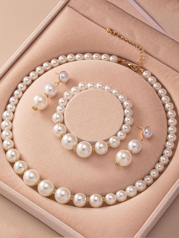 Faux Pearl Decorated Jewelry Set, Elegant Necklace & Bracelet & Dangle Earrings, Fashion Jewelry for Party, Trendy All-match & Exquisite Jewelry for Birthday Gift