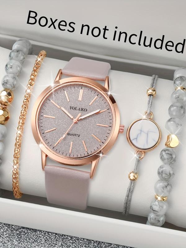 Women's Elegant Fashion Watch & Bracelet Set, Including Round Dial Analog Quartz Watch & Heart Design Bracelet, Trendy Watch Set for Women As Gift without Box