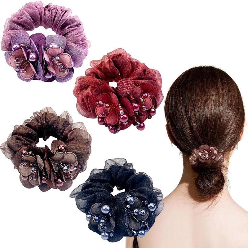 4 PCS Flower Hair Scrunchies for Women Rhinestone Elastic Hair Bands, Ponytail Holders Lace Hair Scrunchies Ties Elastics Bands Rubber Hairbands Hair Accessories for Parties Daily Use