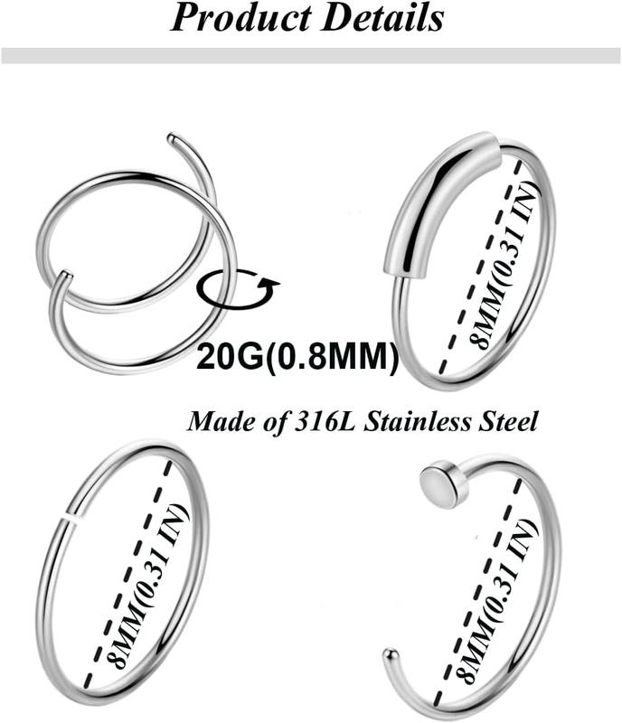 18 count 18G 20G 22G  Steel Nose Rings Hoop for Women Men Nose Studs Double Nose Ring Set Nostril  Jewelry