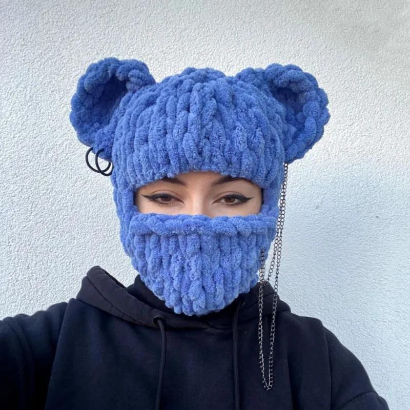 2024 Novelty Bear Ear Balaclava Beanies Chain Outdoor Ski  Winter Hat for Women Ear Protection Knitted Hat