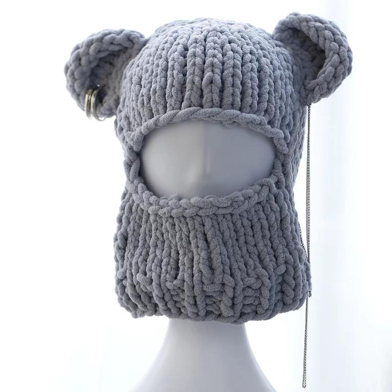 2024 Novelty Bear Ear Balaclava Beanies Chain Outdoor Ski  Winter Hat for Women Ear Protection Knitted Hat