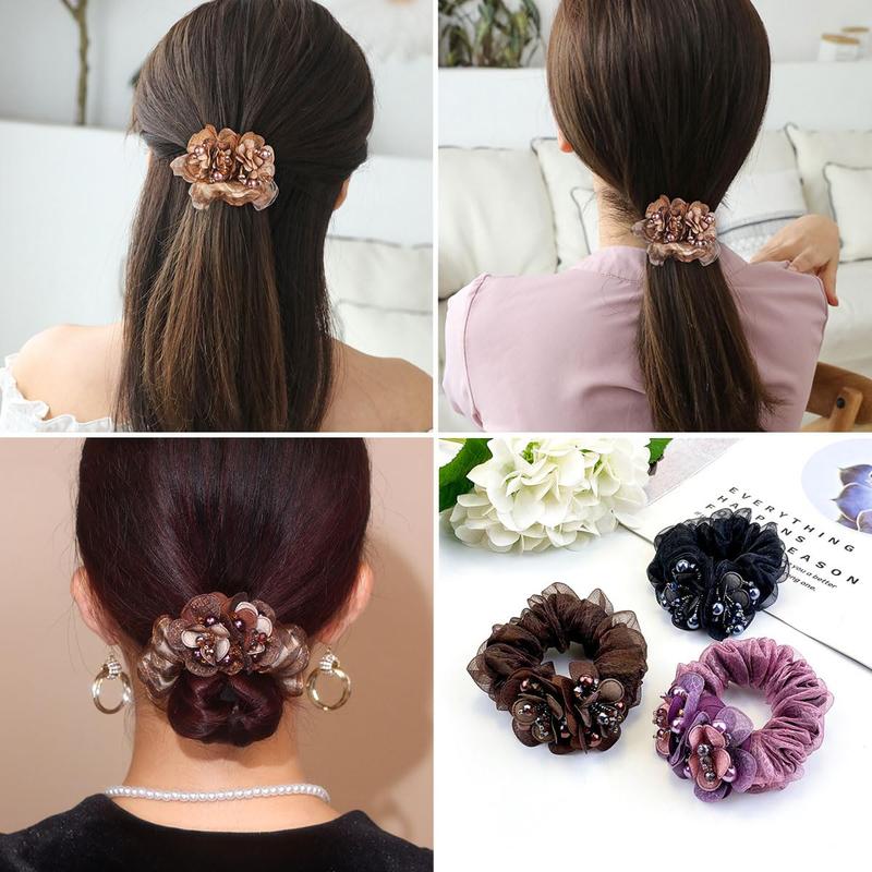 4 PCS Flower Hair Scrunchies for Women Rhinestone Elastic Hair Bands, Ponytail Holders Lace Hair Scrunchies Ties Elastics Bands Rubber Hairbands Hair Accessories for Parties Daily Use