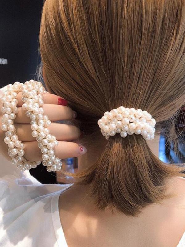 2pcs set Elegant Faux Pearl Decoration Hair Ties for Women, Simple Fashion Beaded Elastic Hair Ties Casual Hair Accessories