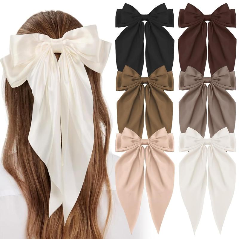 6PCS Big Hair Bows Clips for Woman Long Tail Soft Ribbon Silky Satin Bows Barrettes Hair Clips for Woman Hair Accessories (6 Color)