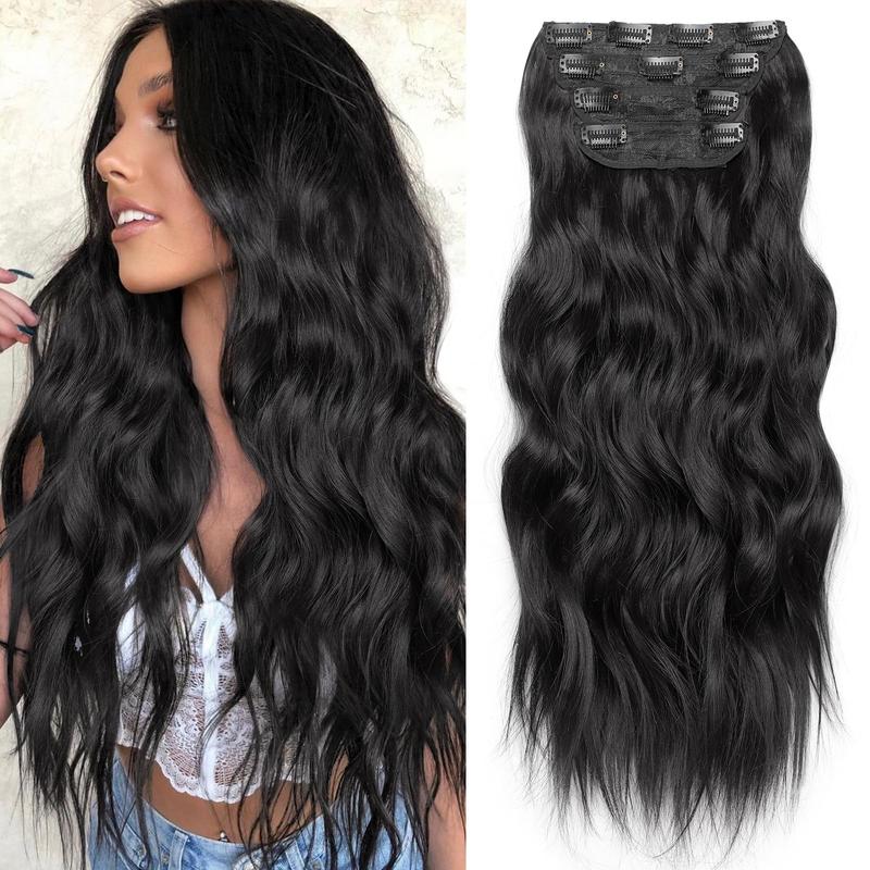 [ KooKaStyle ] Clip- in Synthetic Hair Extensions Long Wavy 4PCS Thick Hairpieces  Double Weft Natural Hair Extensions for Women