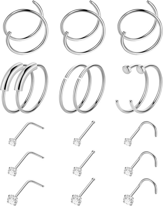 18 count 18G 20G 22G  Steel Nose Rings Hoop for Women Men Nose Studs Double Nose Ring Set Nostril  Jewelry