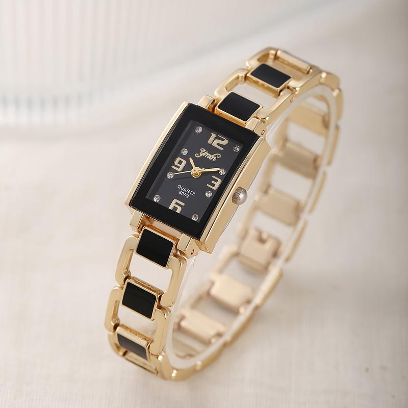 6 Pieces Black Square Rhinestone Quartz Watch Zinc Alloy Strap Zinc Alloy Pointer Zinc Alloy Case and Rhinestone Bracelet Earrings Ring Jewelry Ladies