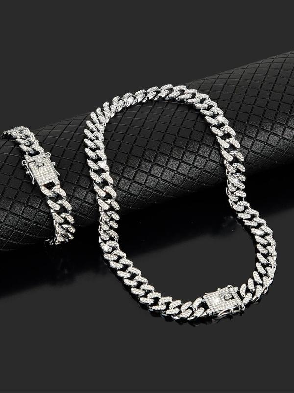 Rhinestone Decorated Chain Necklace Bracelet, 1 Count Street Trendy Cuban Link Chain Necklace, Fashion Jewelry Accessories for Men & Women As Gift