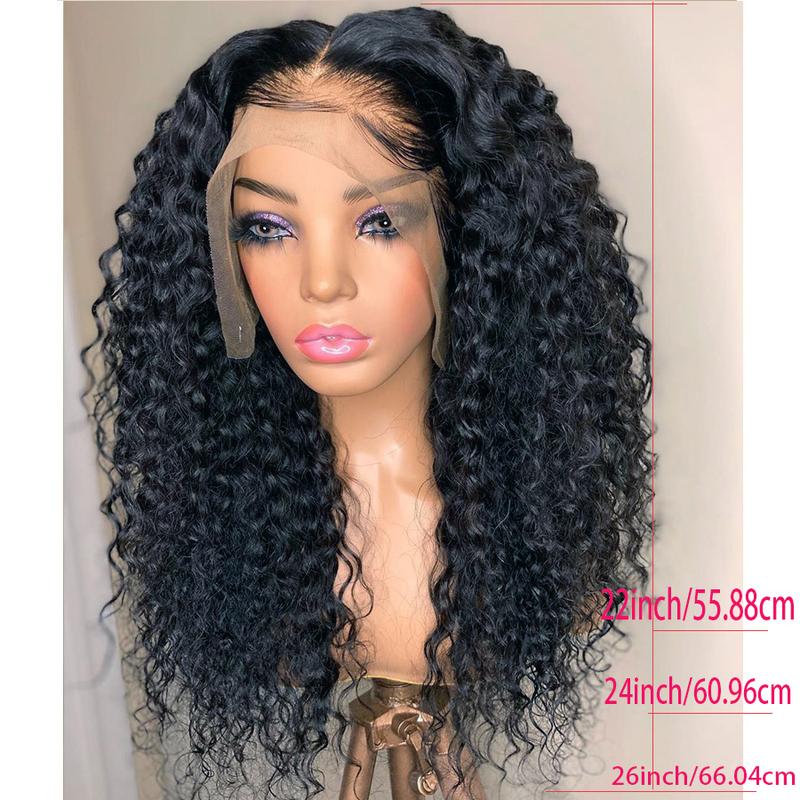 Soft Black Color 180%Density 26inches Long Kinky Curly 13*4*1 Deep Lace Front wig For Women With Baby Hair Heat Resistant Synthetic Fiber Hair Preplucked Glueless Daily Wear wigs