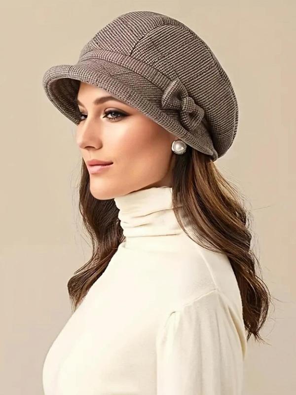 Women's Elegant Plaid Pattern Bow Decor Beret, Casual Trendy Hat for Fall & Winter, Fashion Accessories for Women & Girls