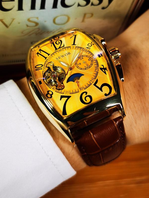 Men's Luxury Automatic Mechanical Watch, Luminous PU Leather Strap Fashion Watches, Two Buttons Only Decoration Not Work