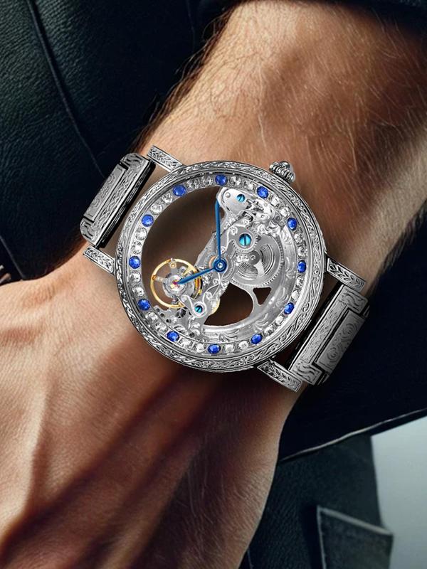 Men's Business Fashion Hollow Out Rhinestone Decorated Mechanical Watch, Fashion Watch for Party, Daily Clothing Decor, Trendy All-match & Exquisite Watch for Gift with Box