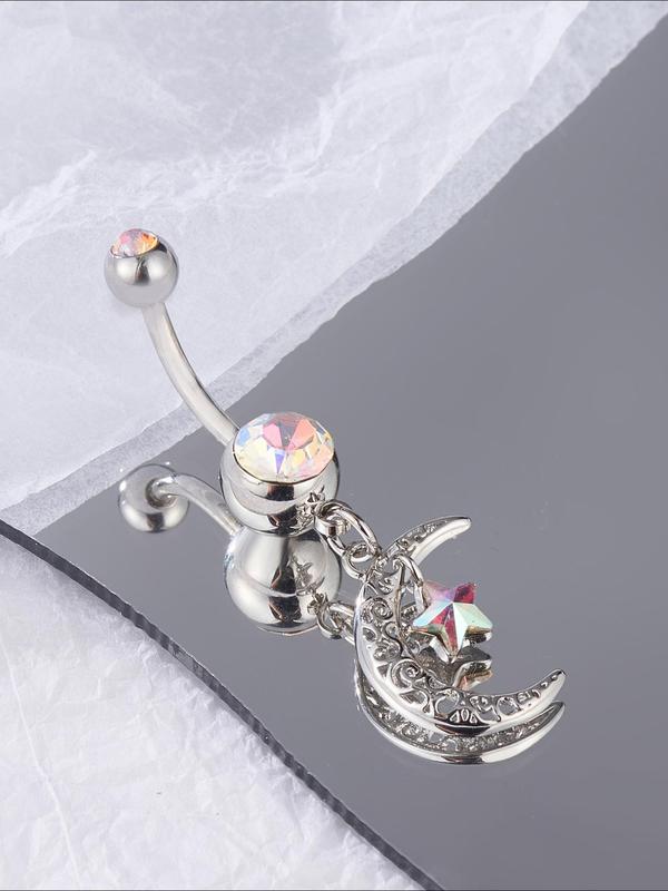 Casual Trendy Stainless Steel Star & Moon Decor Belly Button Ring, Women's Fashionable Body Jewelry for Party & Daily Clothing Decor