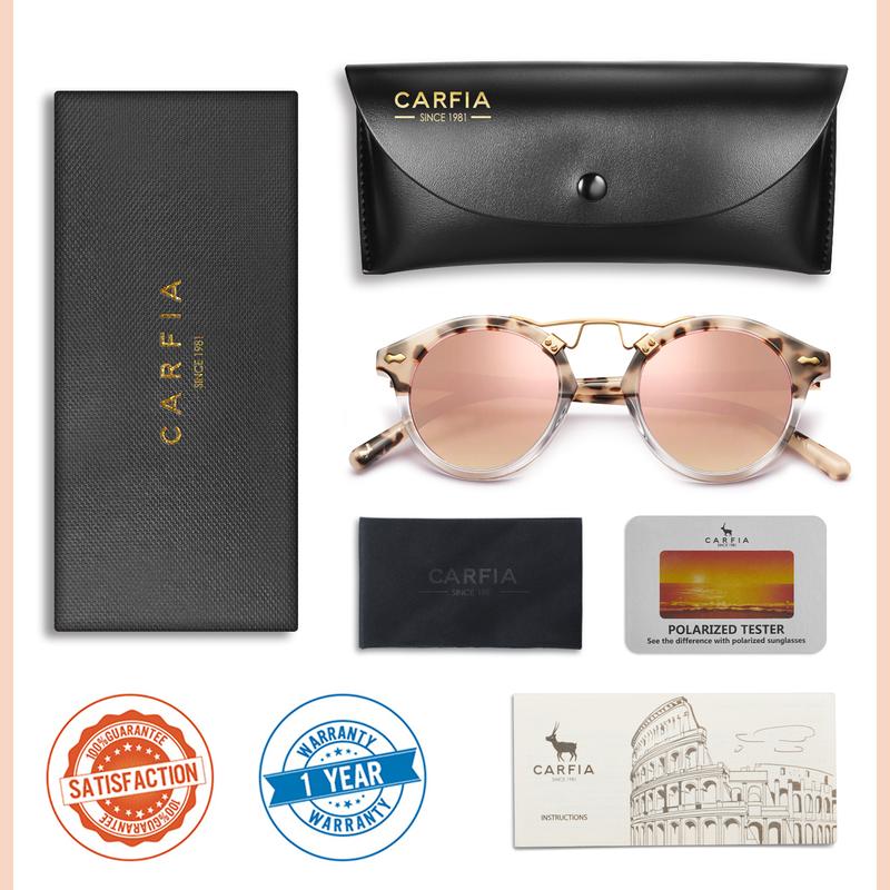 CARFIA Italy Small Polarized Sunglasses for Women UV Protection，Retro Women's Mirrored Pink Shades Driving Acetate Eyewear，Summer 2024 Beach Trends Sunnies