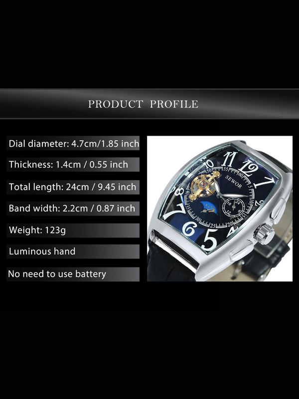 Men's Luxury Automatic Mechanical Watch, Luminous PU Leather Strap Fashion Watches, Two Buttons Only Decoration Not Work