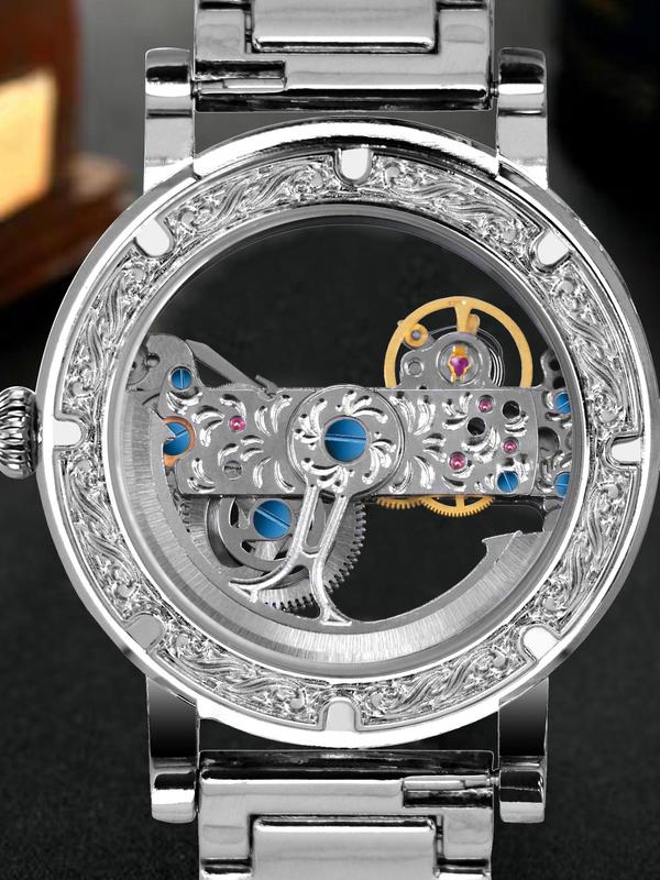 Men's Business Fashion Hollow Out Rhinestone Decorated Mechanical Watch, Fashion Watch for Party, Daily Clothing Decor, Trendy All-match & Exquisite Watch for Gift with Box