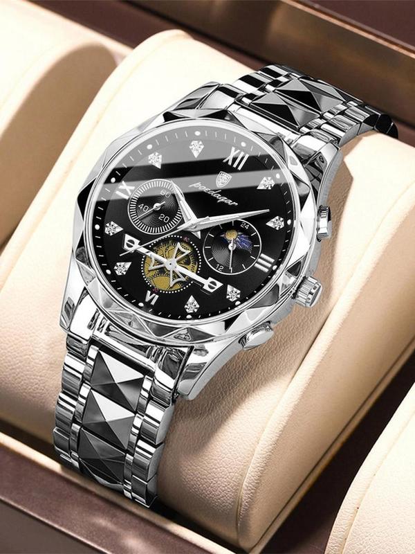 Men's Business Round Dial Stainless Steel Strap Quartz Watch with Box