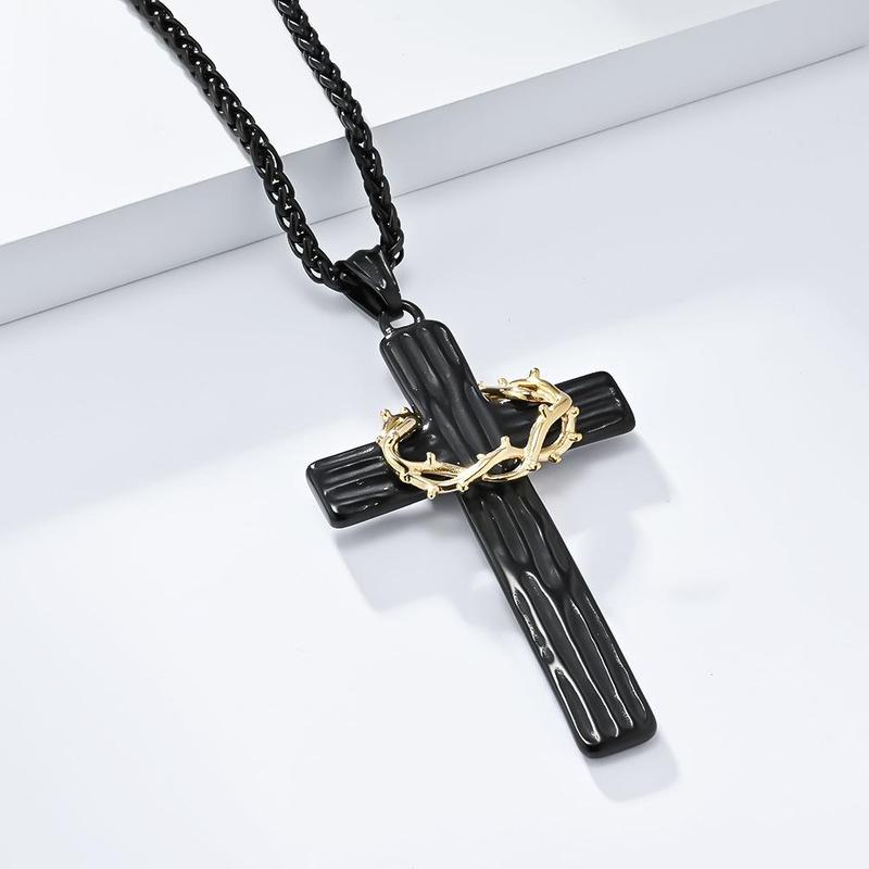 Retro titanium steel wreath cross necklace two-tone wood grain stainless steel prayer pendant literary cold jewelry Titanium Steel