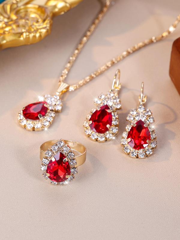 Minimalist Elegant Rhinestone Decorated Jewelry Set, 4pcs set Temperament Water Drop Design Jewelry Set Including Pendant Necklace, Stud Earrings, Ring, Fashion Accessories for Women