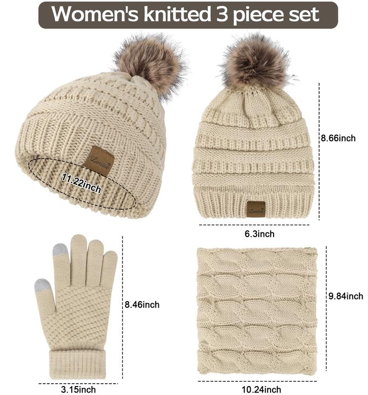 3 Pcs Women Winter Hat and Gloves Sets, Beanies Knit Classic Neck Warmer and Touchscreen Gloves Beige