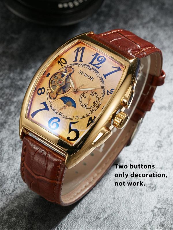 Men's Luxury Automatic Mechanical Watch, Luminous PU Leather Strap Fashion Watches, Two Buttons Only Decoration Not Work